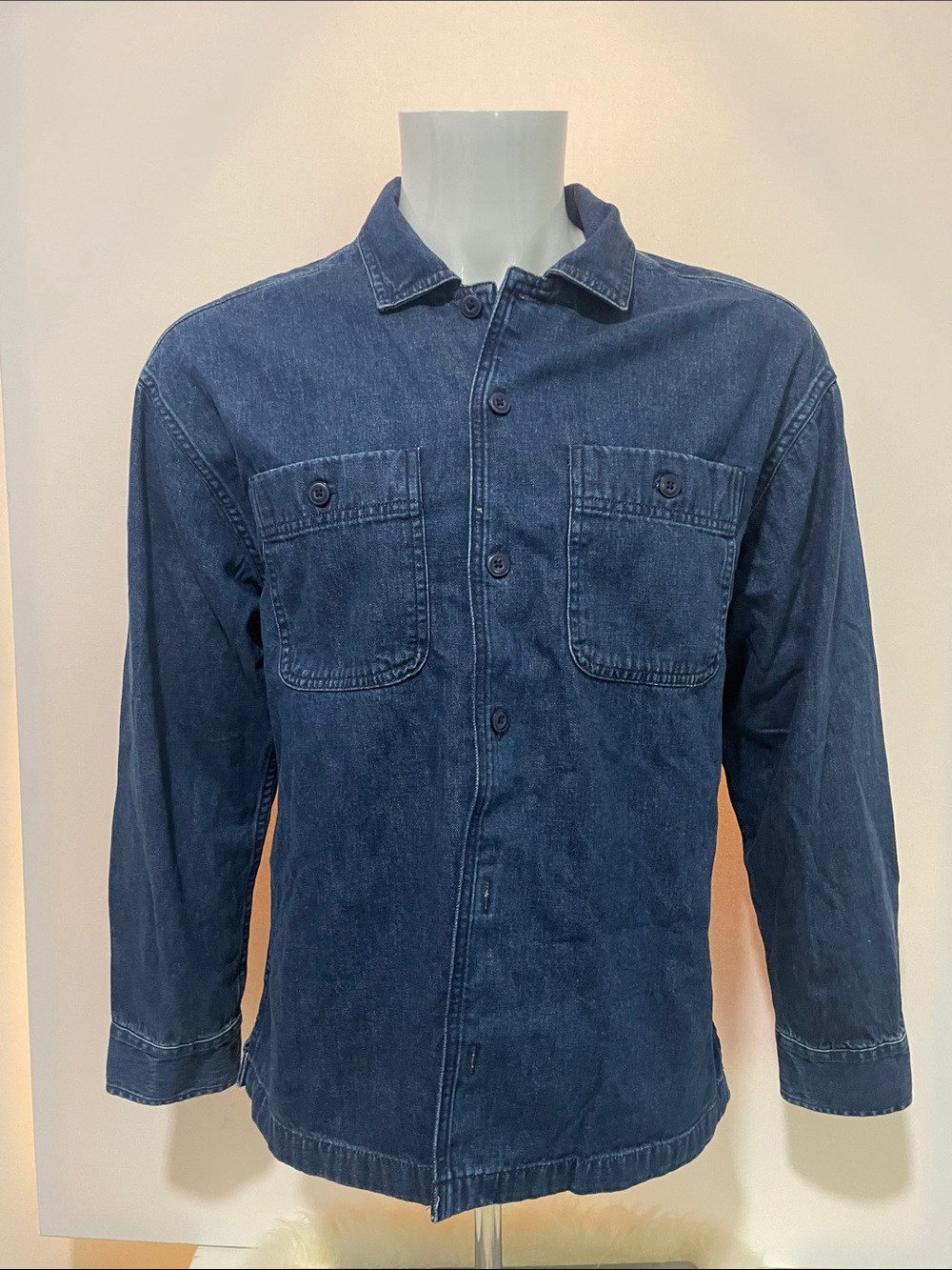 American Eagle Outfitters Dark Blue Denim Button-Up Shirt